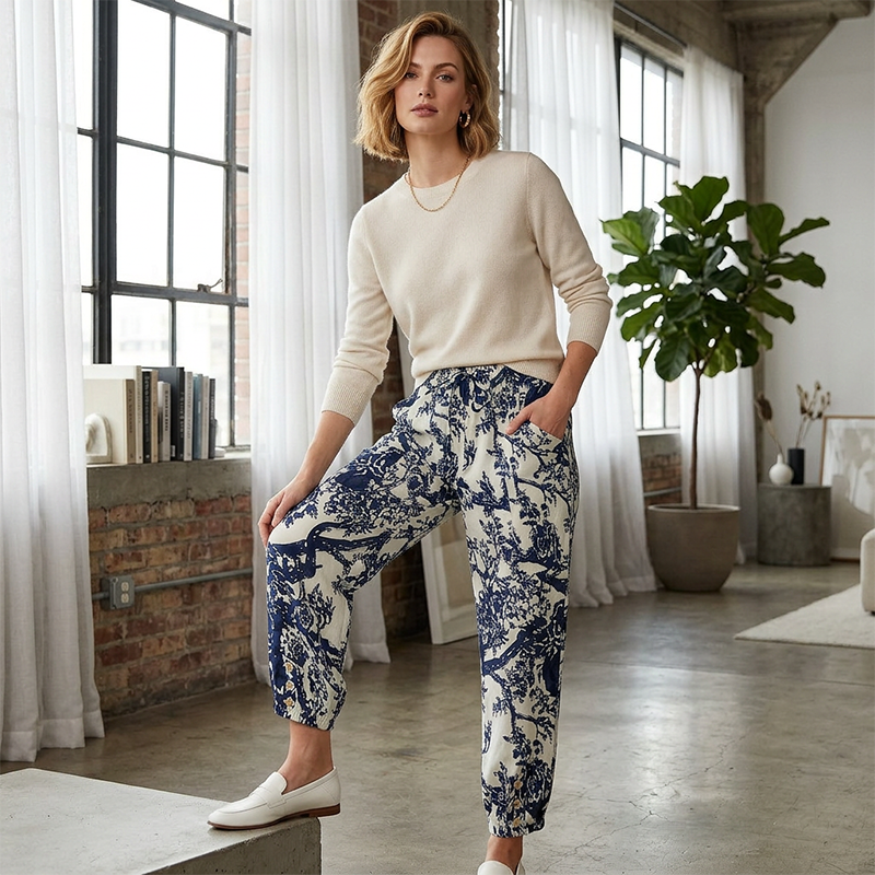 Pantalon de jogging vintage à taille haute et motif floral