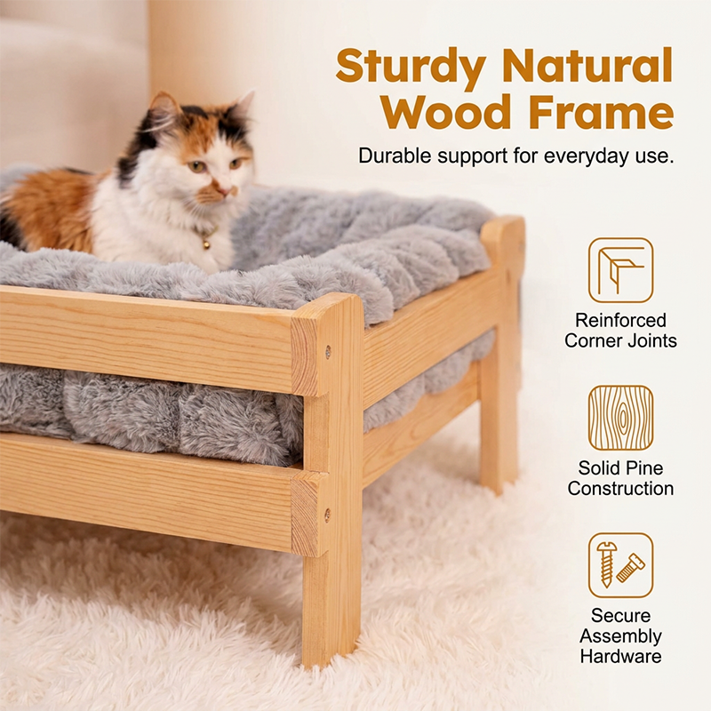Lit surélevé en peluche pour animaux de compagnie avec structure en bois