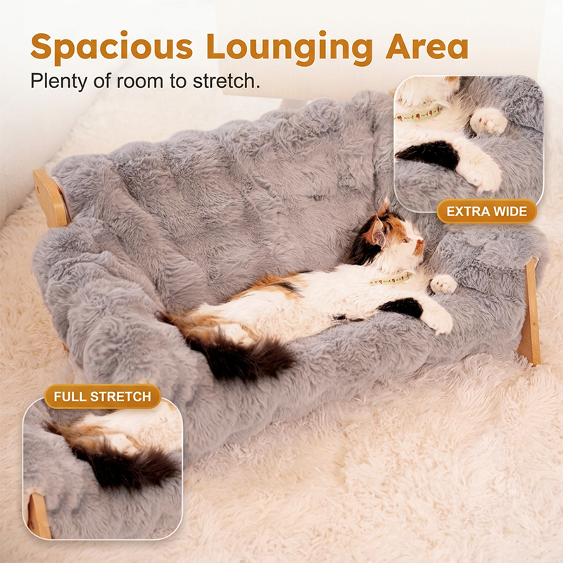 Lit surélevé en peluche pour animaux de compagnie avec structure en bois