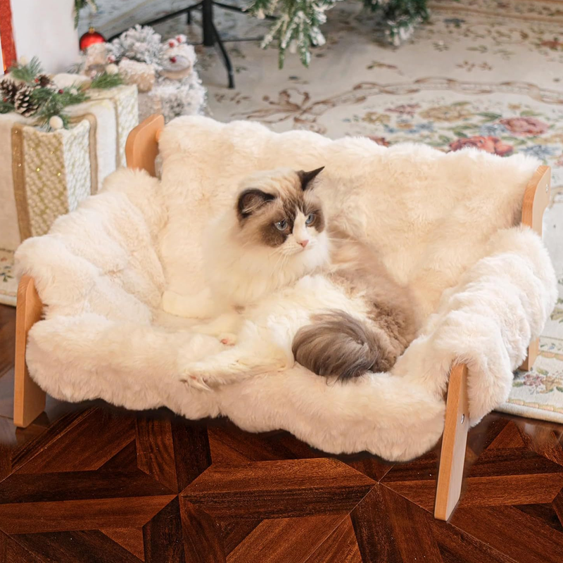 Lit surélevé en peluche pour animaux de compagnie avec structure en bois