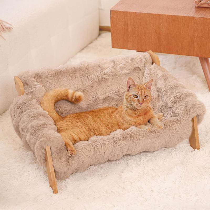 Lit surélevé en peluche pour animaux de compagnie avec structure en bois