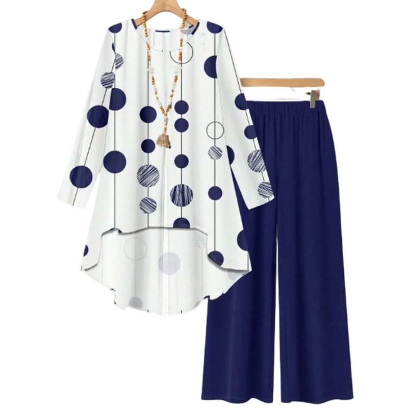 Ensemble composé d'un chemisier à manches longues et d'un pantalon à imprimé moderne