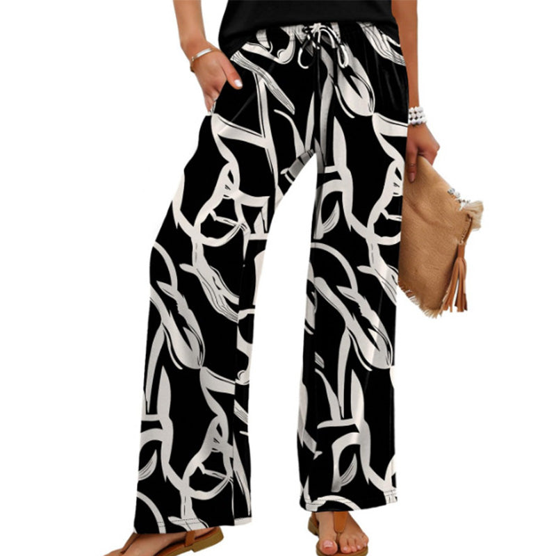 Pantalon large à cordon de serrage pour femme, imprimé bohème