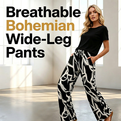 Pantalon large à cordon de serrage pour femme, imprimé bohème