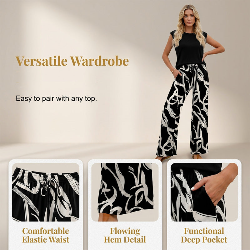 Pantalon large à cordon de serrage pour femme, imprimé bohème