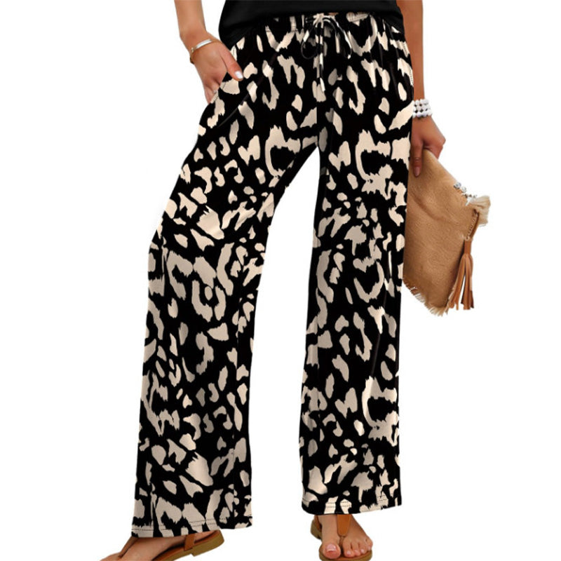 Pantalon large à cordon de serrage pour femme, imprimé bohème