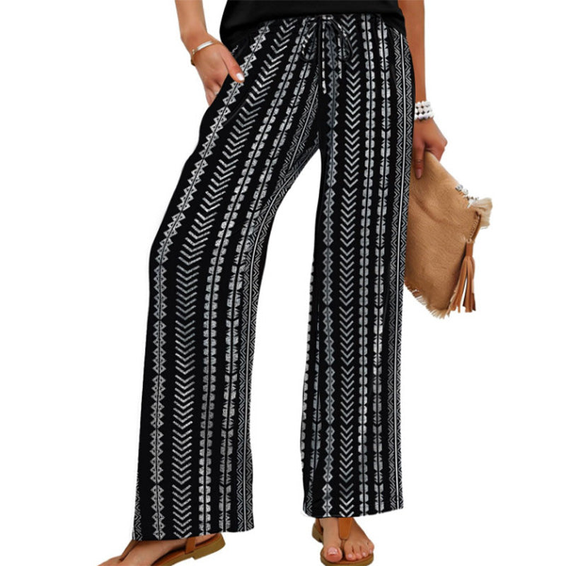 Pantalon large à cordon de serrage pour femme, imprimé bohème