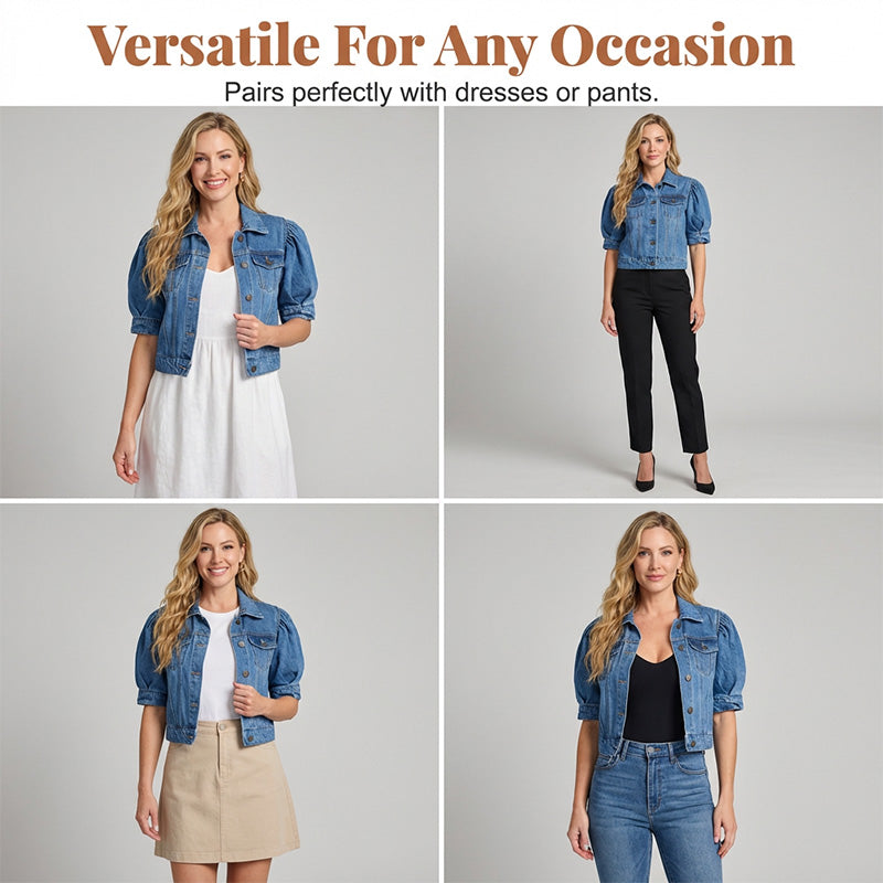 🌞 NOUVEAU : Collection d'été avec jusqu'à -50% de réduction 🛍️Veste en denim courte manches bouffantes
