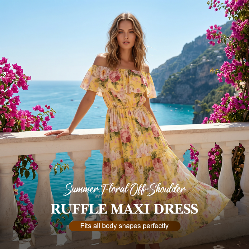 Robe longue à volants et épaules dénudées, imprimé floral estival