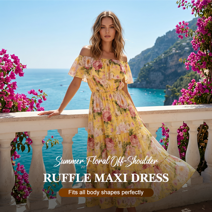 Robe longue à volants et épaules dénudées, imprimé floral estival