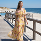 Robe longue à volants et épaules dénudées, imprimé floral estival