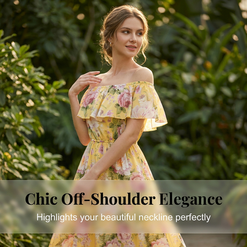 Robe longue à volants et épaules dénudées, imprimé floral estival