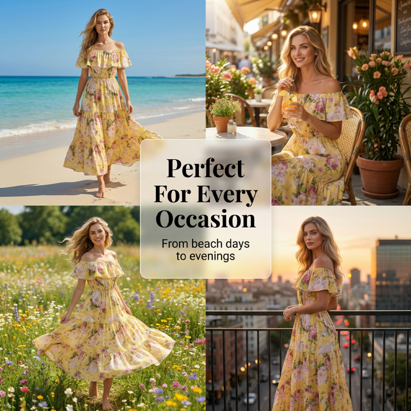 Robe longue à volants et épaules dénudées, imprimé floral estival