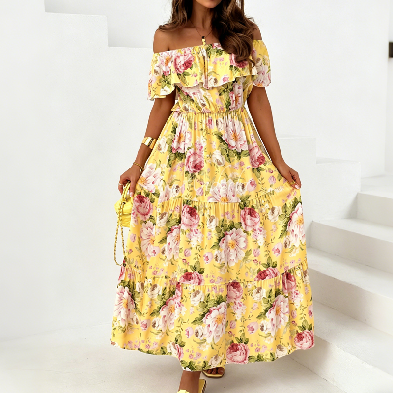 Robe longue à volants et épaules dénudées, imprimé floral estival