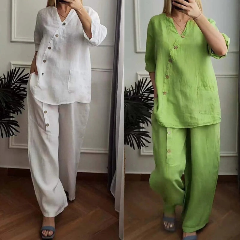 Ensemble 2 pièces décontracté et chic à boutons pour femmes