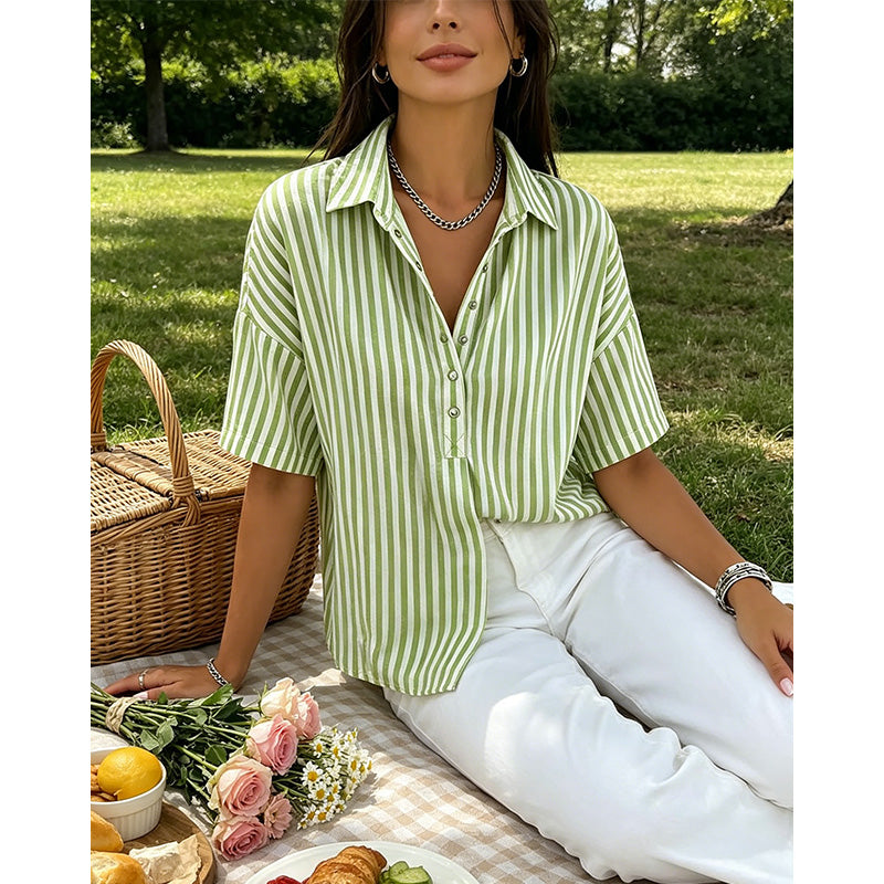 📢⏰👕 DERNIER JOUR – PROMO -50% ! Chemise Femme à Manches Courtes Rayées – 9 Couleurs, 6 Tailles (S-3XL), Décontractée, Polyvalente