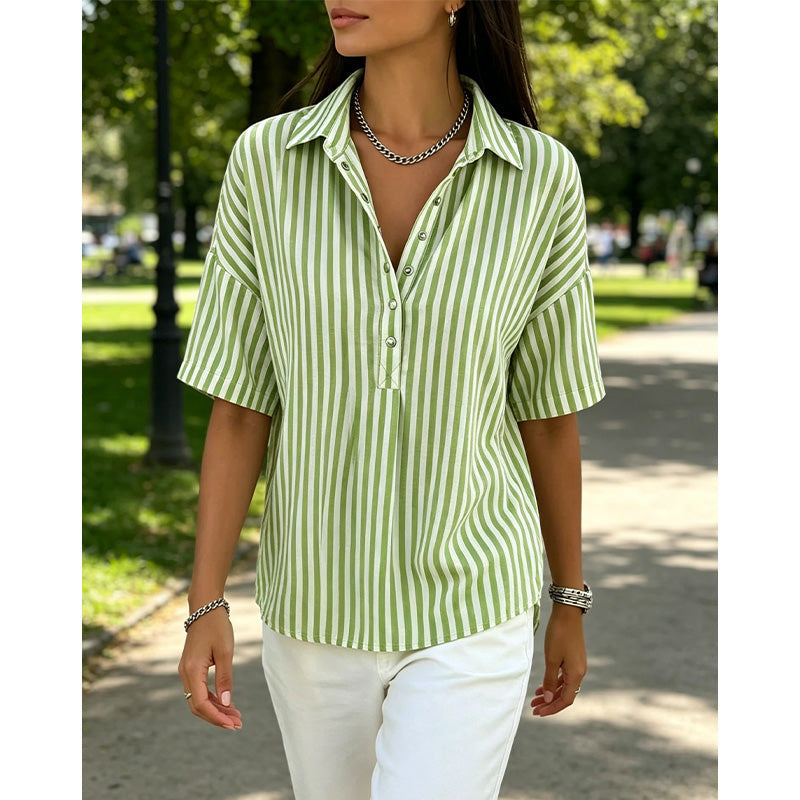 📢⏰👕 DERNIER JOUR – PROMO -50% ! Chemise Femme à Manches Courtes Rayées – 9 Couleurs, 6 Tailles (S-3XL), Décontractée, Polyvalente