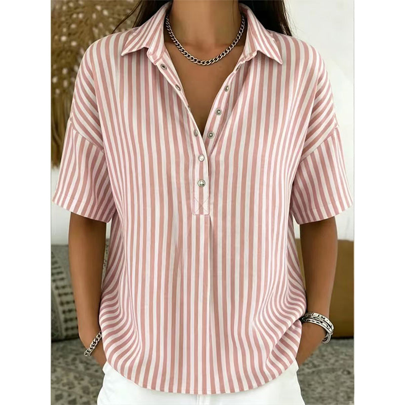 📢⏰👕 DERNIER JOUR – PROMO -50% ! Chemise Femme à Manches Courtes Rayées – 9 Couleurs, 6 Tailles (S-3XL), Décontractée, Polyvalente