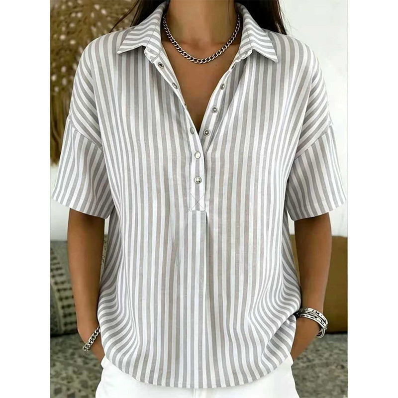📢⏰👕 DERNIER JOUR – PROMO -50% ! Chemise Femme à Manches Courtes Rayées – 9 Couleurs, 6 Tailles (S-3XL), Décontractée, Polyvalente