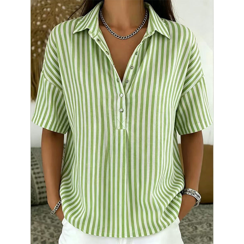 📢⏰👕 DERNIER JOUR – PROMO -50% ! Chemise Femme à Manches Courtes Rayées – 9 Couleurs, 6 Tailles (S-3XL), Décontractée, Polyvalente