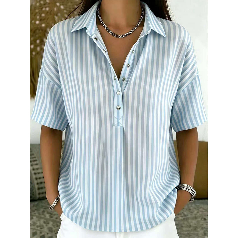 📢⏰👕 DERNIER JOUR – PROMO -50% ! Chemise Femme à Manches Courtes Rayées – 9 Couleurs, 6 Tailles (S-3XL), Décontractée, Polyvalente