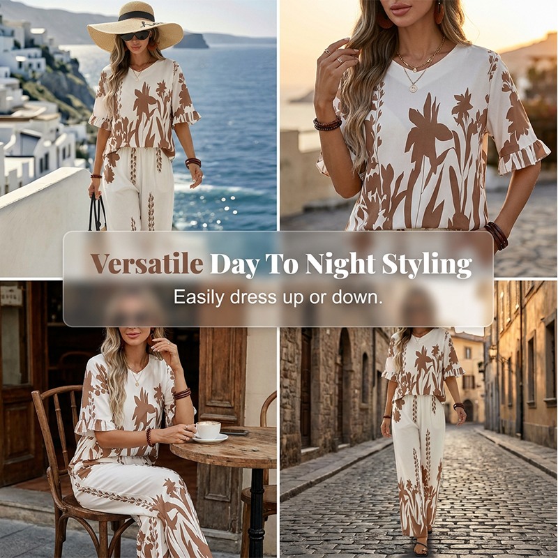 🌺 Tenue fleurie pour femme – Pantalon large + haut à manches volantées – Parfaite pour les vacances tropicales !