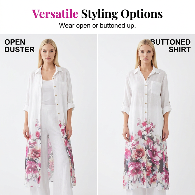 👗🌸Ensemble deux pièces composé d'une longue chemise imprimée pour femme et d'un pantalon large