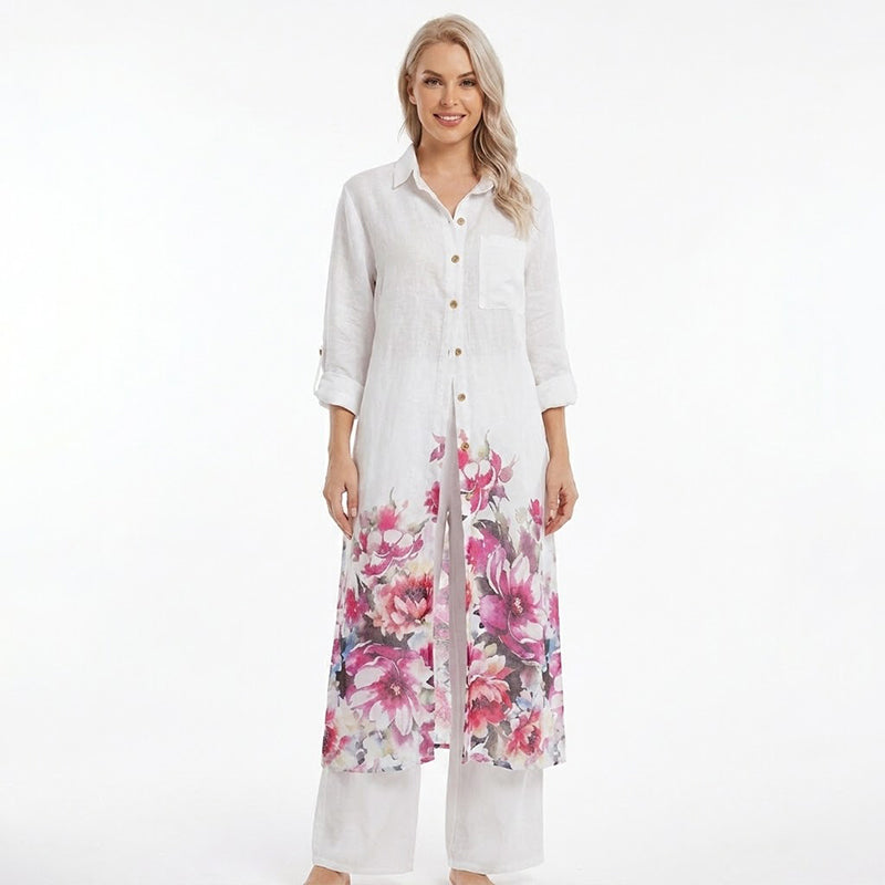 👗🌸Ensemble deux pièces composé d'une longue chemise imprimée pour femme et d'un pantalon large