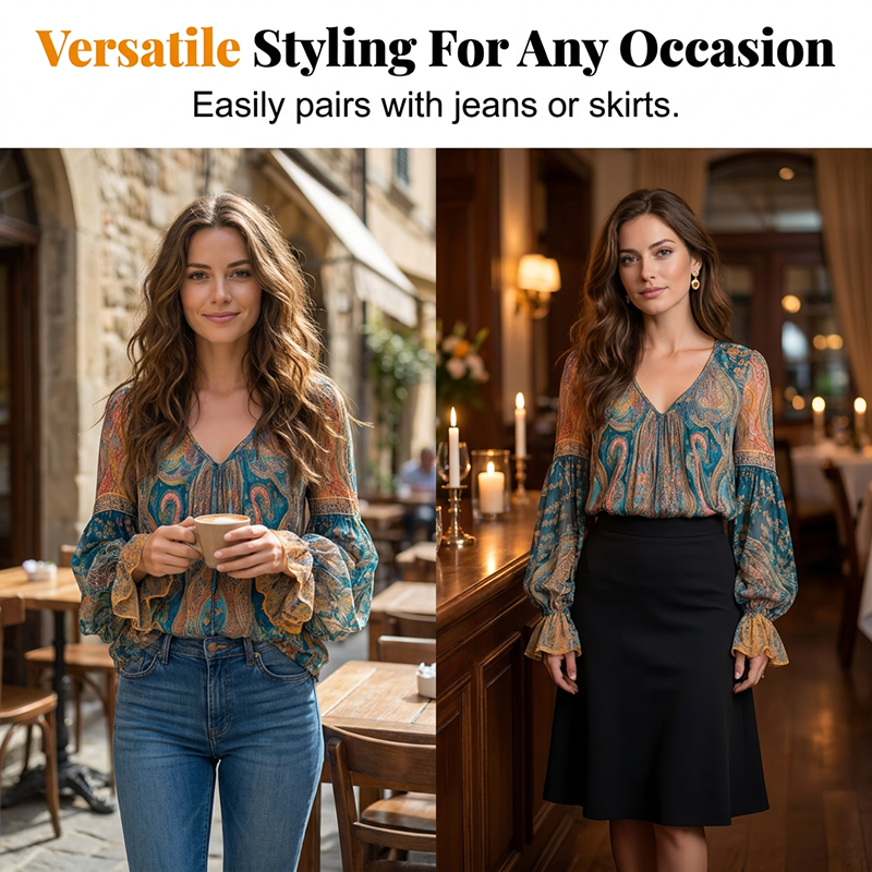 ⏳ Dernière heure – -50% se termine ! Blouse élégante à volants, style bohème et motif cachemire