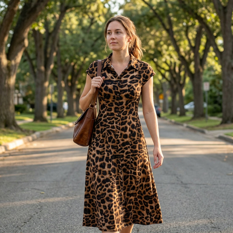 Robe élégante à revers imprimée léopard pour femme