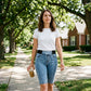 Pantalon capri en jean taille haute pour femme, taille élastiquée, coupe courte