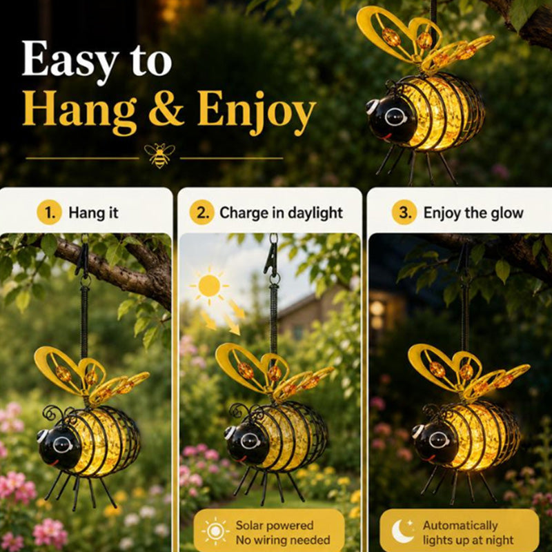 🐝 PROMO LIMITÉE 50% DE RÉDUCTION ! 🎁Deux achetés, un offert ☀️ Suspension Solaire Abeille Lumineuse – Ailes en Cœur, Métal, Résistant aux Intempéries 🌸