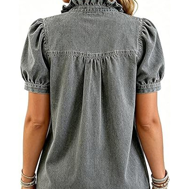Haut en jean à col à volants pour femme