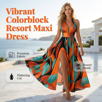 Robe Maxi Femme À Col Halter en V avec Fente Latérale