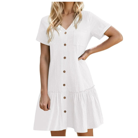 Robe à nouer pour femme, robe d'été ample en coton et lin, avec ourlet à volants, robe décontractée à manches courtes