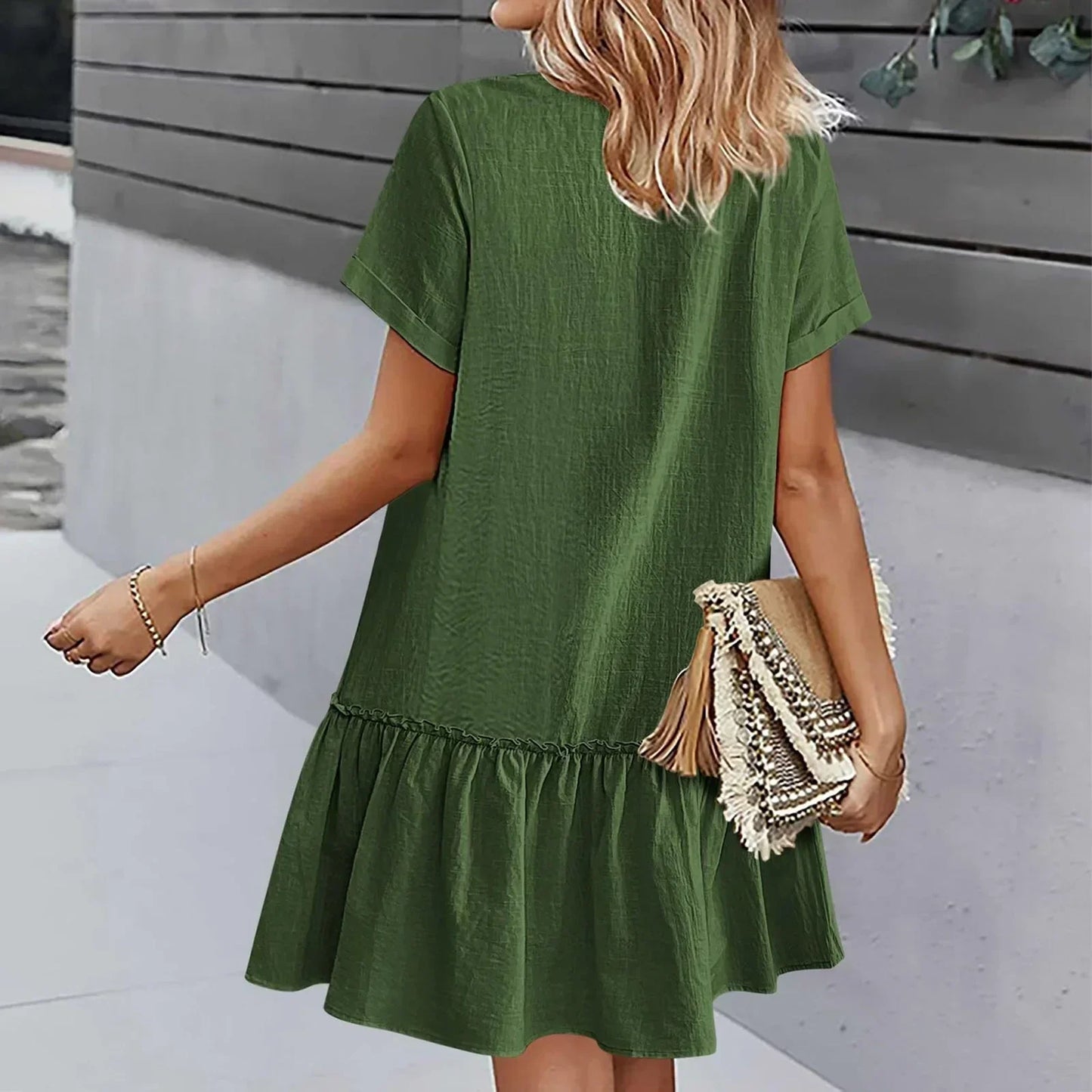 Robe à nouer pour femme, robe d'été ample en coton et lin, avec ourlet à volants, robe décontractée à manches courtes
