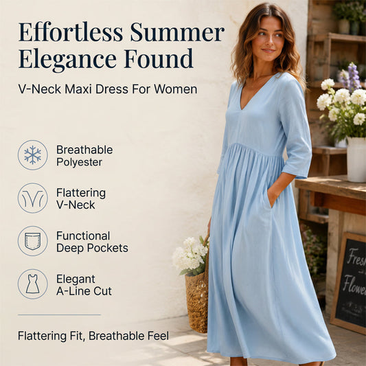 Robe longue à col en V et manches 3/4 pour femme
