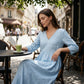 Robe longue à col en V et manches 3/4 pour femme