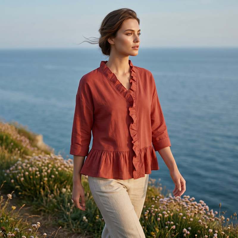 🔥Nouveautés et best-sellers – Haut élégant à volants et encolure en V pour femme