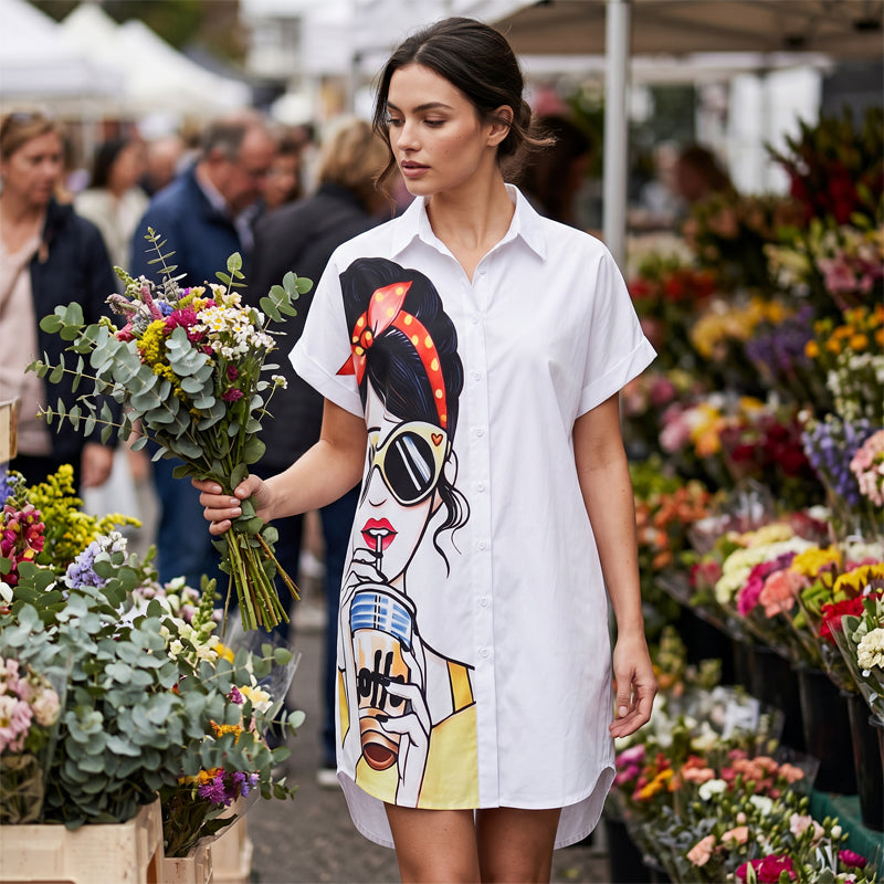 Robe-chemise imprimée pour femme, style portrait artistique