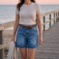 Short en Jean Bermuda Taille Mi-Haute pour Femme avec Poches