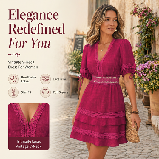 Robe à volants superposés en dentelle à col en V pour femme