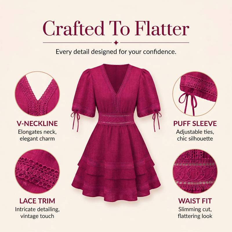 Robe à volants superposés en dentelle à col en V pour femme