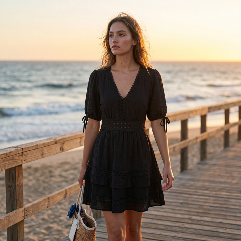 Robe à volants superposés en dentelle à col en V pour femme