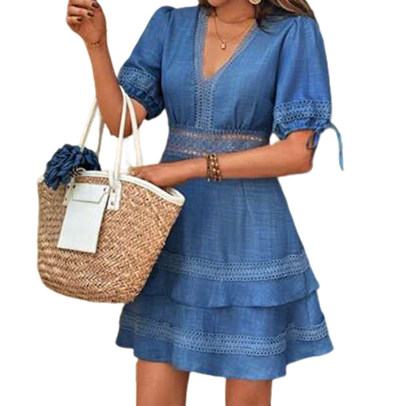 Robe à volants superposés en dentelle à col en V pour femme