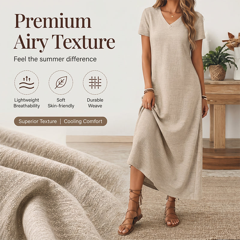 🔥-50% 👗 Robe Longue Femme Col V Manches Courtes Tissu Texturé Léger Coupe Ample Fluide