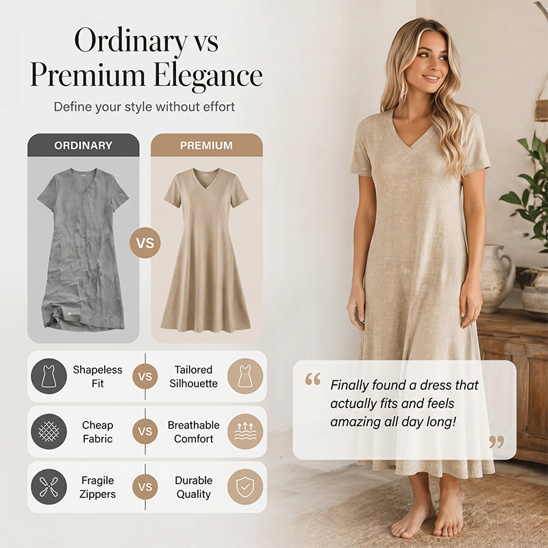 🔥-50% 👗 Robe Longue Femme Col V Manches Courtes Tissu Texturé Léger Coupe Ample Fluide