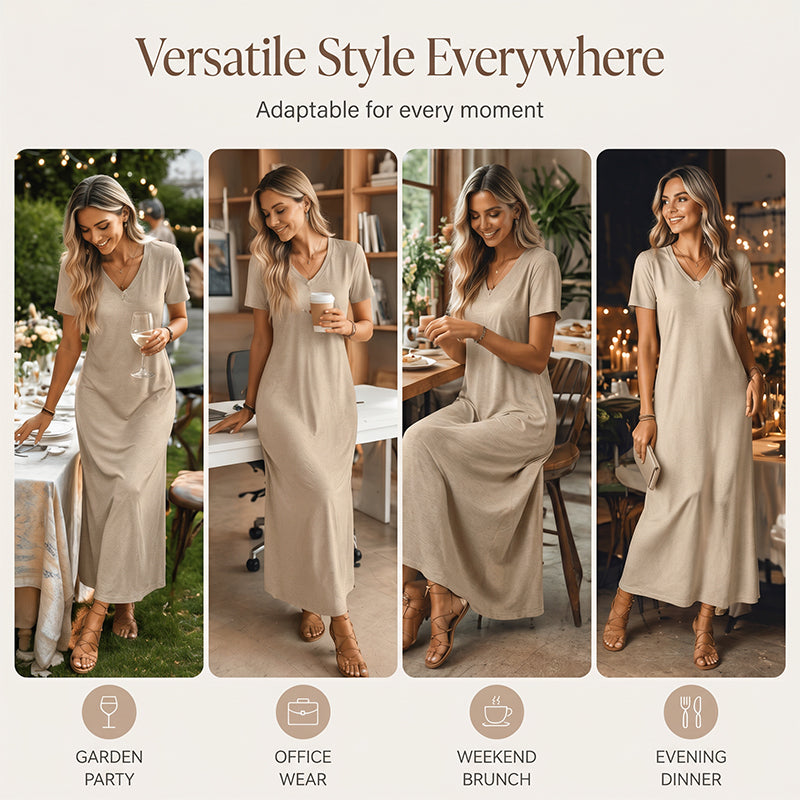 🔥-50% 👗 Robe Longue Femme Col V Manches Courtes Tissu Texturé Léger Coupe Ample Fluide