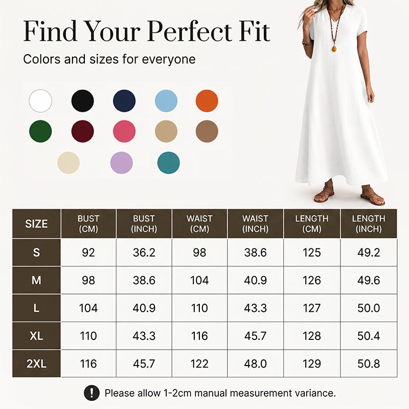 🔥-50% 👗 Robe Longue Femme Col V Manches Courtes Tissu Texturé Léger Coupe Ample Fluide