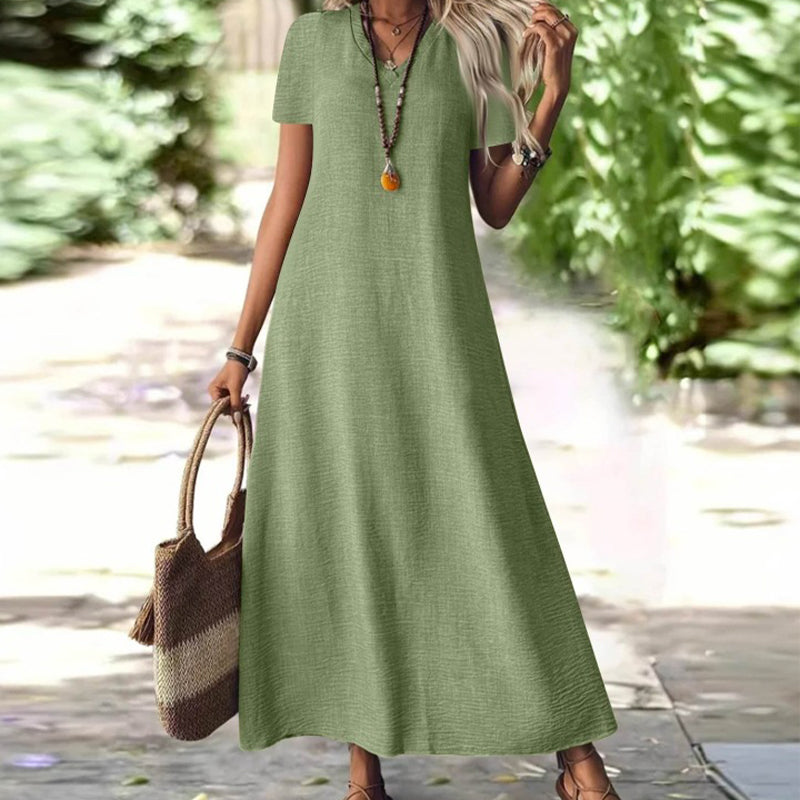 🔥-50% 👗 Robe Longue Femme Col V Manches Courtes Tissu Texturé Léger Coupe Ample Fluide